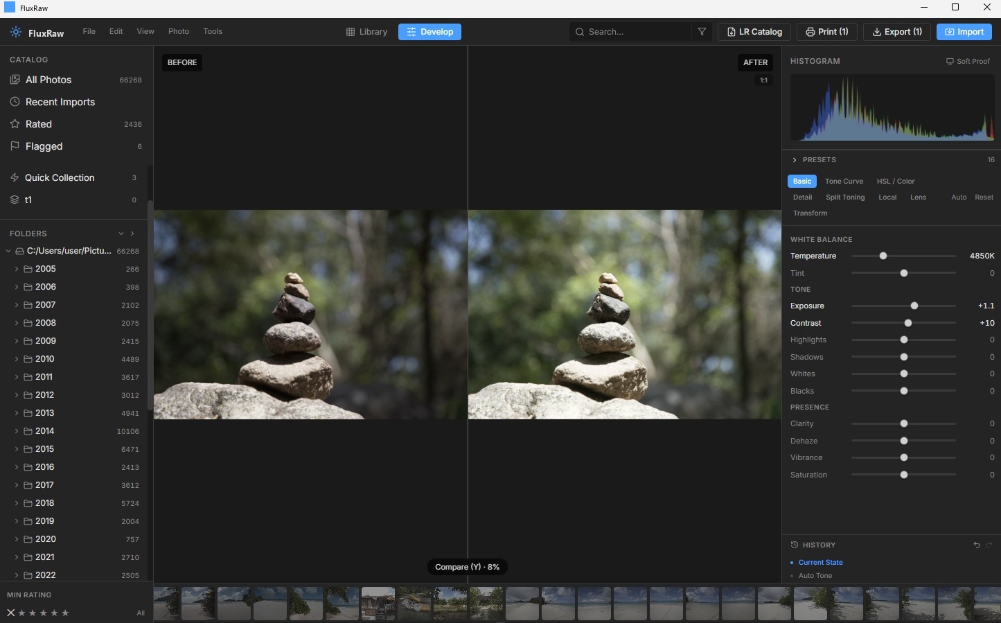 FluxRaw interface showing before/after comparison view